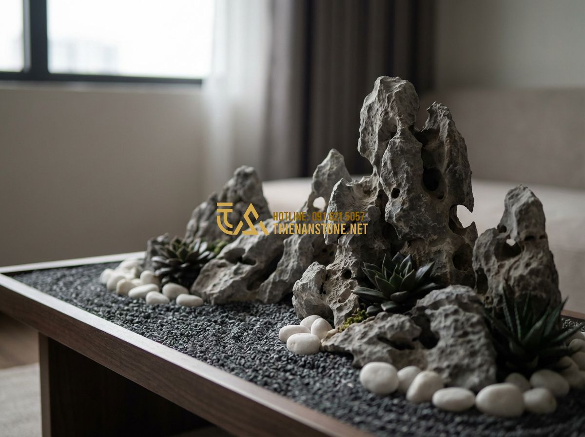 Hòn Non Bộ Trong Nhà: Có Tốt Không? Cách Trang Trí Và Vị Trí Đặt - Hình 2 Hòn Non Bộ Trong Nhà: Có Tốt Không? Cách Trang Trí Và Vị Trí Đặt - Tạo ảnh tiếng Anh: A detailed close-up of a dry indoor miniature mountain (Hon N