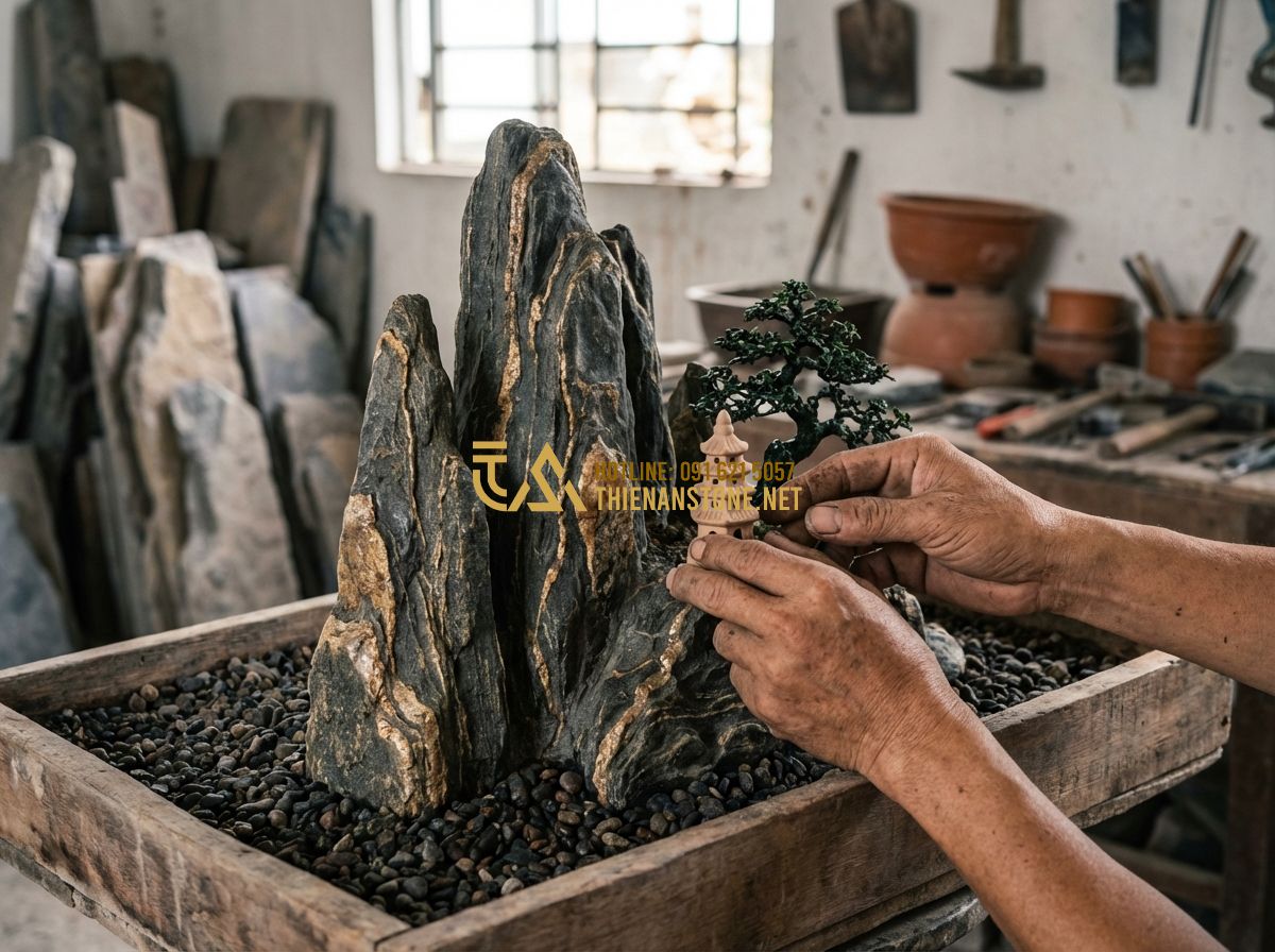 Hòn Non Bộ Trong Nhà: Có Tốt Không? Cách Trang Trí Và Vị Trí Đặt - Hình 4 Hòn Non Bộ Trong Nhà: Có Tốt Không? Cách Trang Trí Và Vị Trí Đặt - Tạo ảnh tiếng Anh: A professional landscape artisan carefully placing small deco