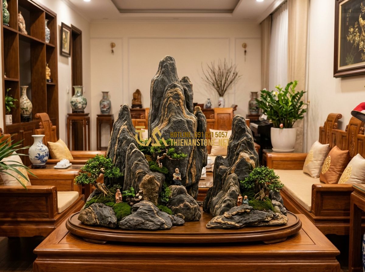 Hòn Non Bộ Trong Nhà: Có Tốt Không? Cách Trang Trí Và Vị Trí Đặt - Hình 7 Hòn Non Bộ Trong Nhà: Có Tốt Không? Cách Trang Trí Và Vị Trí Đặt - Tạo ảnh tiếng Anh: A happy multi-generational Vietnamese family gathered around