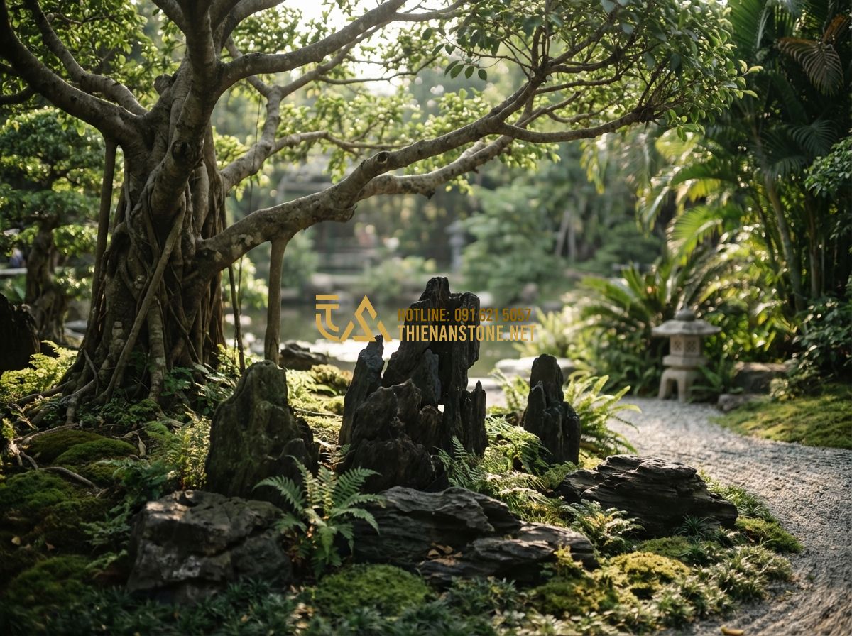 Hướng Dẫn Bảo Quản Đá Lũa Đen Đúng Cách Để Luôn Bền Màu Theo Thời Gian - Tạo ảnh tiếng Anh: [A beautiful outdoor landscape with black driftwood stones pl
