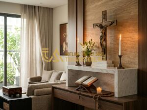 Hướng Dẫn Cách Đặt Bàn Thờ Đá Công Giáo Trong Nhà Chuẩn Phụng Vụ - Tạo ảnh tiếng Anh: A high-quality, professional photograph of a luxury indoor Ca