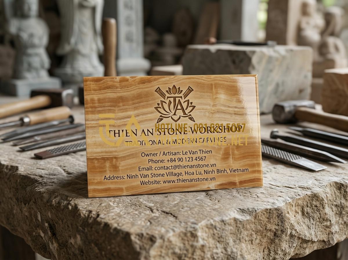 Hướng Dẫn Cách Đặt Bàn Thờ Đá Công Giáo Trong Nhà Chuẩn Phụng Vụ - Tạo ảnh tiếng Anh: A professional business card design for Thien An Stone Worksh