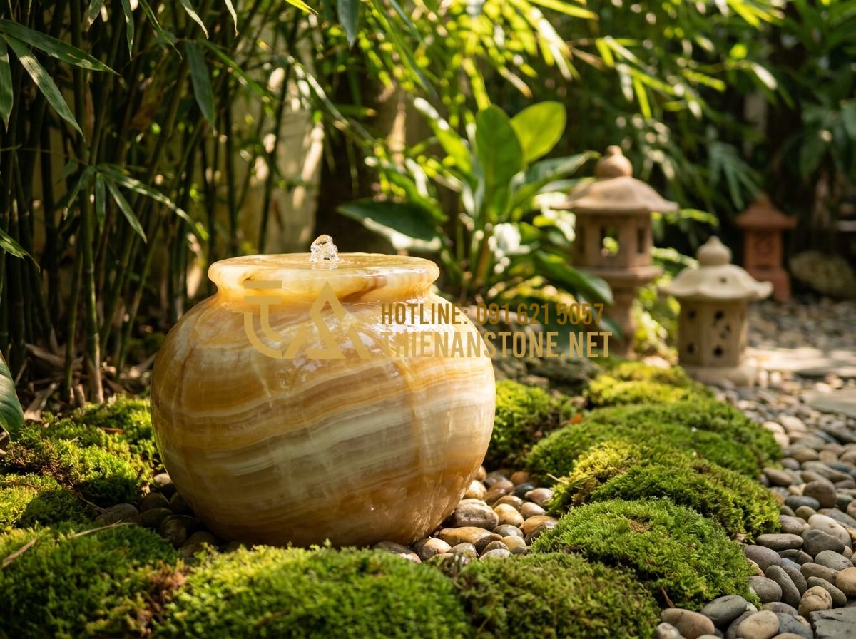 Hướng dẫn cách làm lu nước phong thủy tuần hoàn cho sân vườn cực đơn giản - Hình 1 Hướng dẫn cách làm lu nước phong thủy tuần hoàn cho sân vườn cực đơn giản - Tạo ảnh tiếng Anh: A serene zen garden with a natural stone water jar fountain,