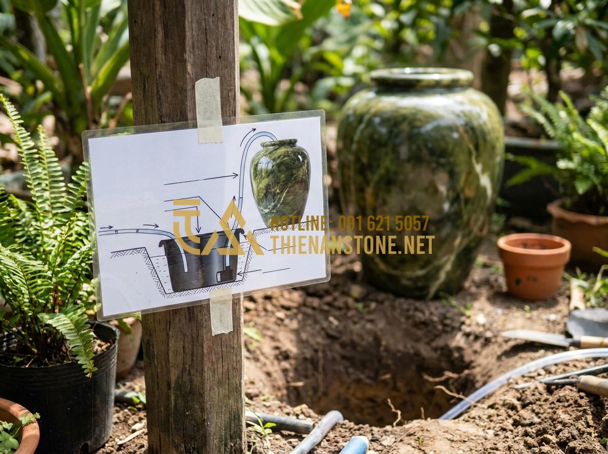 Hướng dẫn cách làm lu nước phong thủy tuần hoàn cho sân vườn cực đơn giản - Hình 3 Hướng dẫn cách làm lu nước phong thủy tuần hoàn cho sân vườn cực đơn giản - Tạo ảnh tiếng Anh: Technical diagram of a DIY backyard water feature installatio