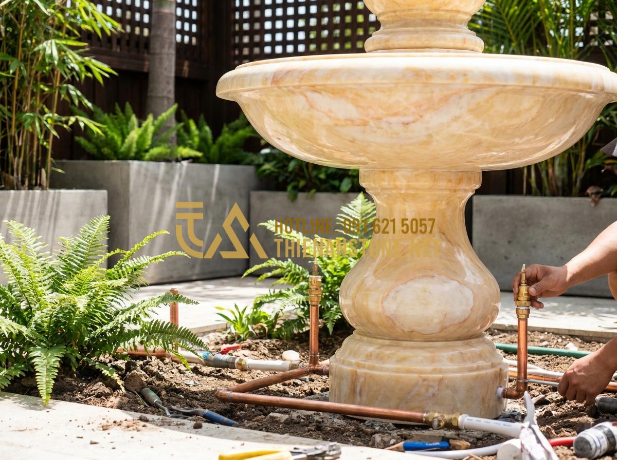 Hướng dẫn cách làm lu nước phong thủy tuần hoàn cho sân vườn cực đơn giản - Hình 4 Hướng dẫn cách làm lu nước phong thủy tuần hoàn cho sân vườn cực đơn giản - Tạo ảnh tiếng Anh: Professional landscape artisan installing a stone fountain in