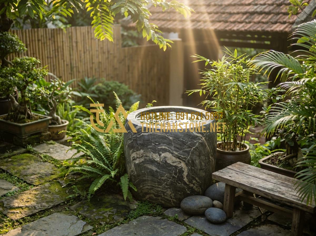 Hướng dẫn cách làm lu nước phong thủy tuần hoàn cho sân vườn cực đơn giản - Hình 6 Hướng dẫn cách làm lu nước phong thủy tuần hoàn cho sân vườn cực đơn giản - Tạo ảnh tiếng Anh: Beautiful garden corner featuring a stone water jar at the Ea