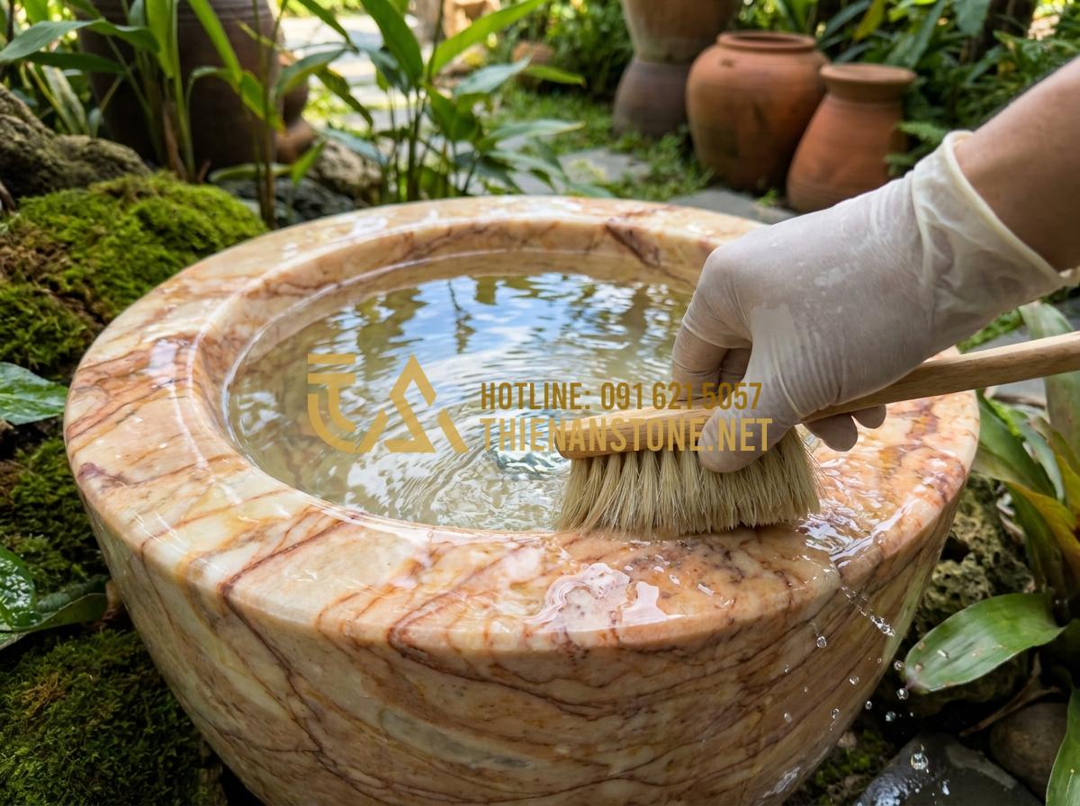 Hướng dẫn cách làm lu nước phong thủy tuần hoàn cho sân vườn cực đơn giản - Hình 7 Hướng dẫn cách làm lu nước phong thủy tuần hoàn cho sân vườn cực đơn giản - Tạo ảnh tiếng Anh: A maintenance worker cleaning a stone water feature with a so