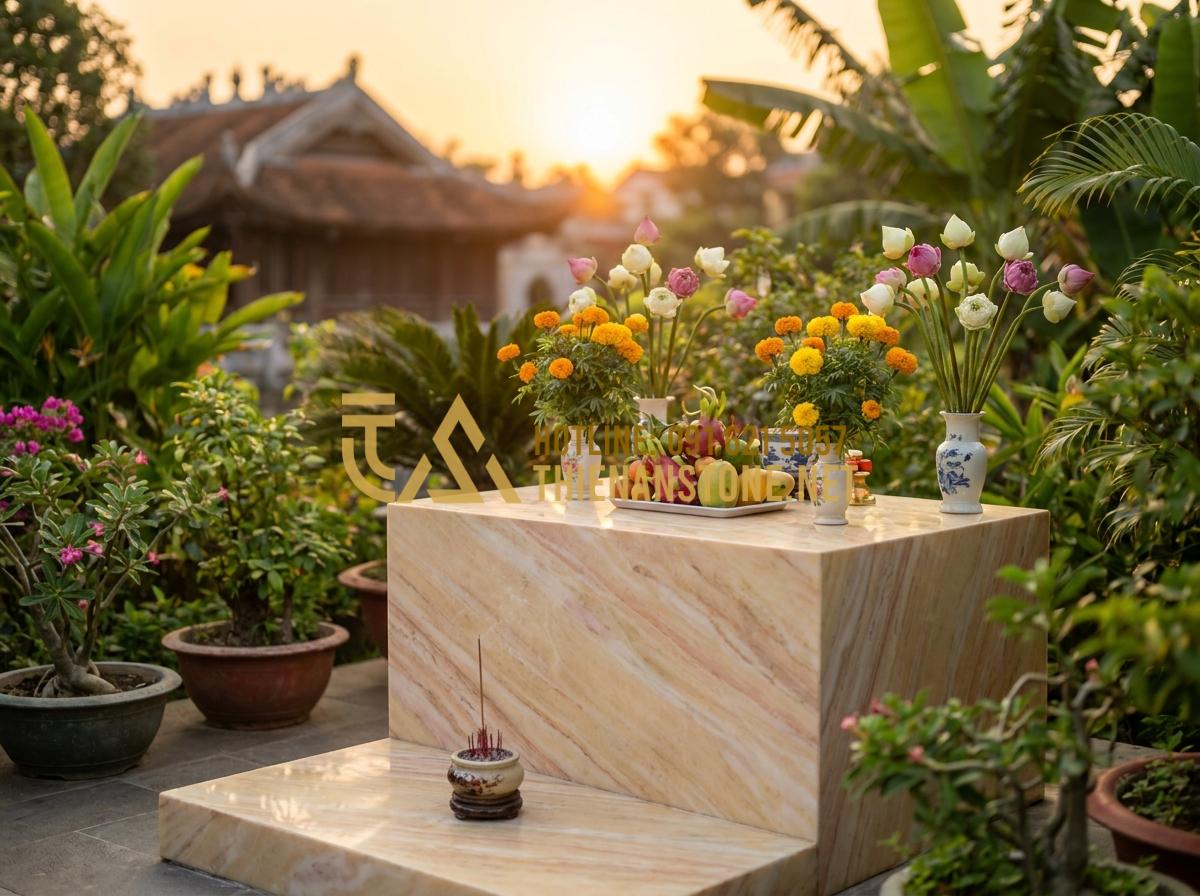Hướng Dẫn Cách Lập Bàn Thờ Ngoài Trời: Quy Trình Xây Và Sắm Lễ Cúng Đầy Đủ - Hình 5 Hướng Dẫn Cách Lập Bàn Thờ Ngoài Trời: Quy Trình Xây Và Sắm Lễ Cúng Đầy Đủ - Tạo ảnh tiếng Anh: [A family gathered in front of a new stone outdoor altar, the
