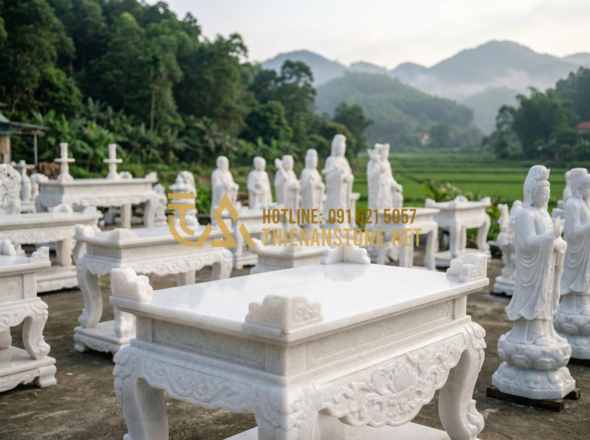 Hướng Dẫn Cách Lập Bàn Thờ Ngoài Trời: Quy Trình Xây Và Sắm Lễ Cúng Đầy Đủ - Hình 7 Hướng Dẫn Cách Lập Bàn Thờ Ngoài Trời: Quy Trình Xây Và Sắm Lễ Cúng Đầy Đủ - Tạo ảnh tiếng Anh: [A wide view of the Thien An Stone workshop in Phu Tho, many