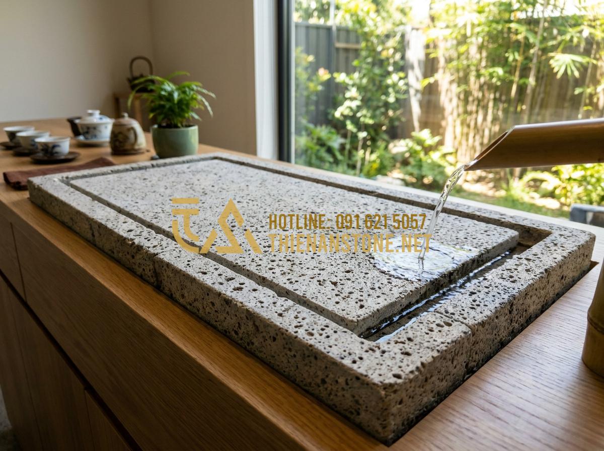 Hướng Dẫn Cách Lắp Đặt Và Xử Lý Khay Trà Đá Thoát Nước Luôn Khô Thoáng - Completed installation of stone tea tray with drainage in a modern tea room, wat