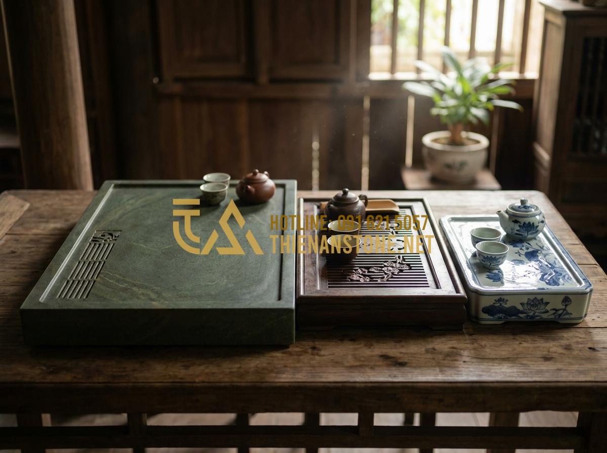 Hướng Dẫn Cách Lắp Đặt Và Xử Lý Khay Trà Đá Thoát Nước Luôn Khô Thoáng - Side-by-side comparison chart visual of stone drainage tea tray versus tradition