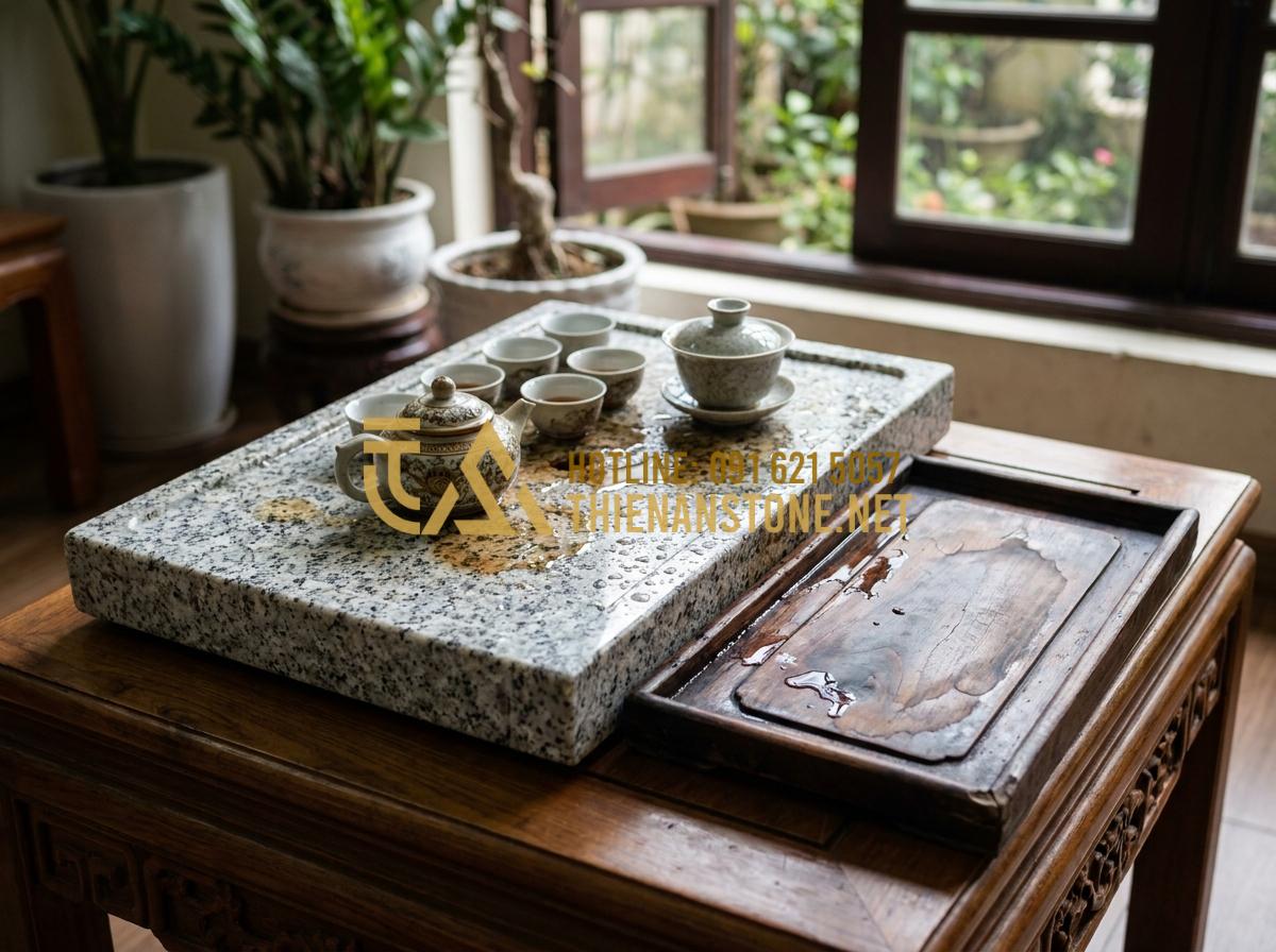 Hướng Dẫn Cách Lắp Đặt Và Xử Lý Khay Trà Đá Thoát Nước Luôn Khô Thoáng - Luxury setup showing stone tea tray outperforming other materials in a real-worl