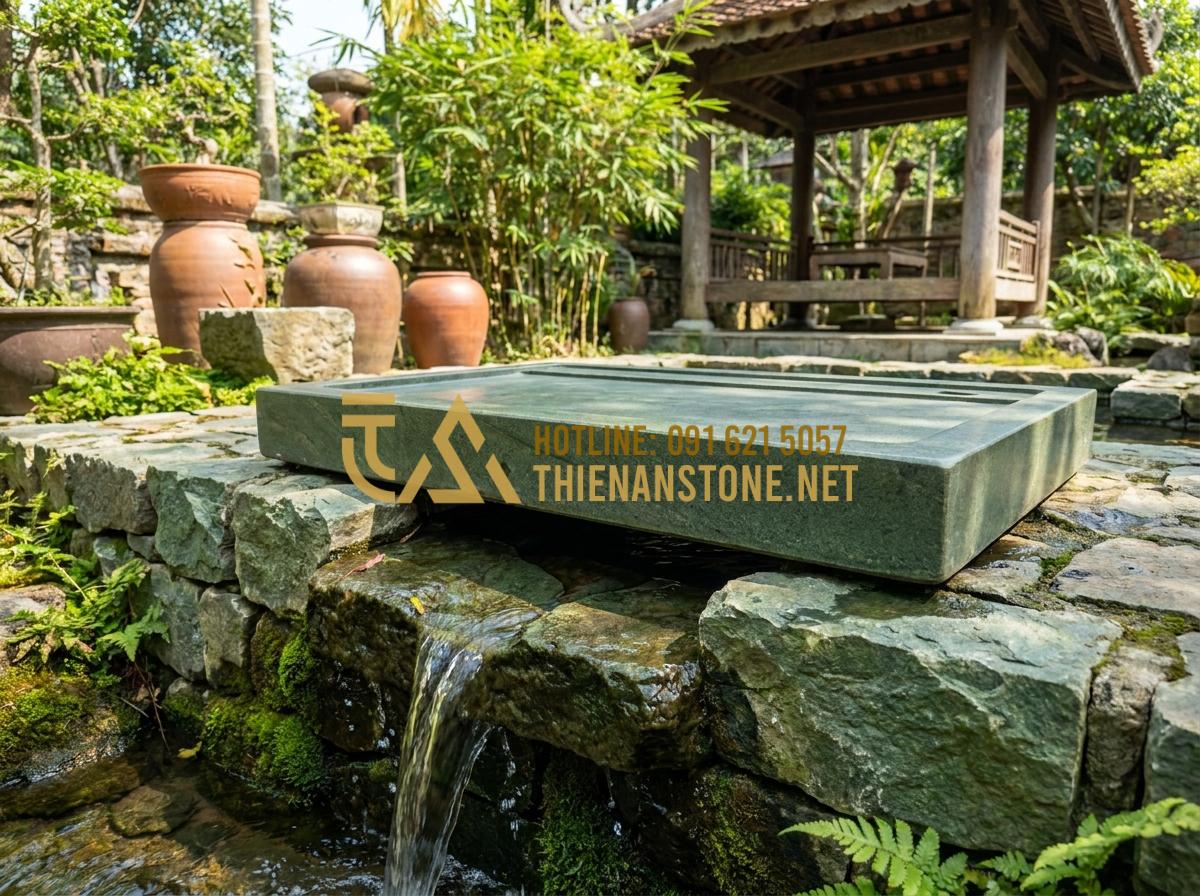 Hướng Dẫn Cách Lắp Đặt Và Xử Lý Khay Trà Đá Thoát Nước Luôn Khô Thoáng - Wide angle shot of a large pebble stone tea tray installed outdoors in a garden