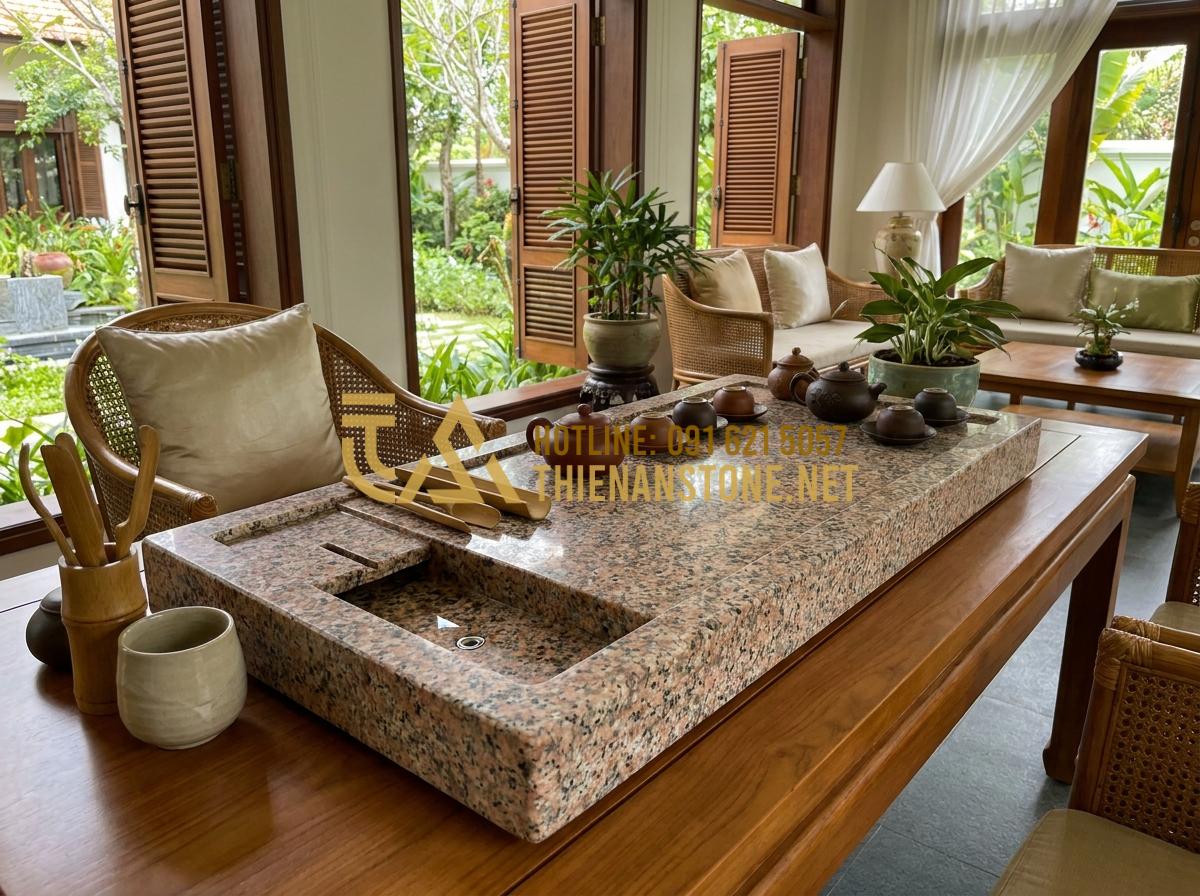 Hướng Dẫn Cách Lắp Đặt Và Xử Lý Khay Trà Đá Thoát Nước Luôn Khô Thoáng - Interior design of luxury villa tea room featuring elegant stone tea tray with d