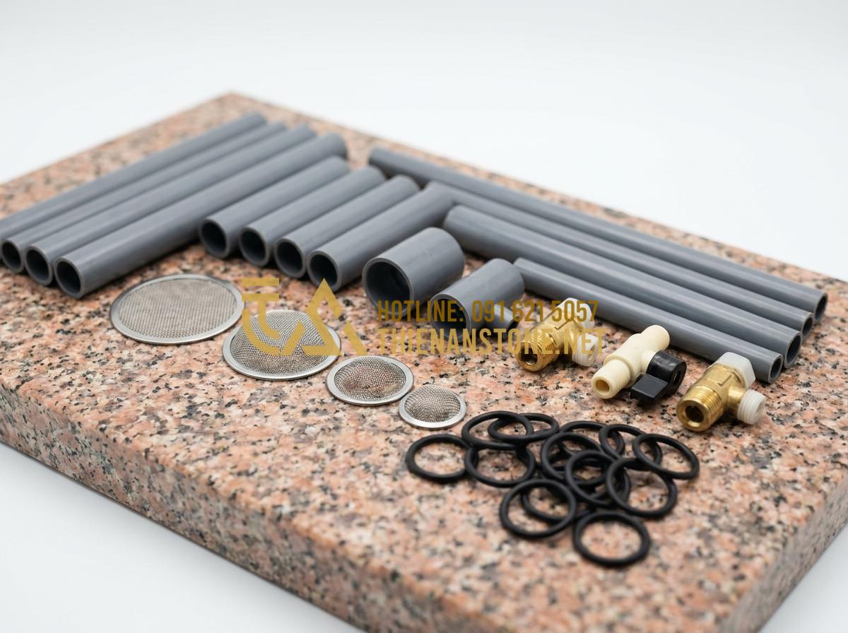 Hướng Dẫn Cách Lắp Đặt Và Xử Lý Khay Trà Đá Thoát Nước Luôn Khô Thoáng - Collection of various drainage accessories for stone tea trays including PVC pip