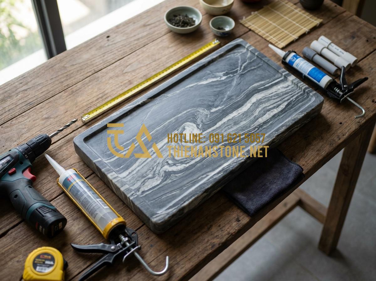 Hướng Dẫn Cách Lắp Đặt Và Xử Lý Khay Trà Đá Thoát Nước Luôn Khô Thoáng - Flat lay of essential tools and materials for installing drainage on stone tea t
