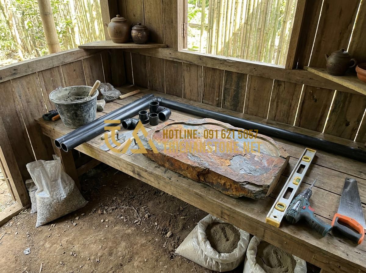 Hướng Dẫn Cách Lắp Đặt Và Xử Lý Khay Trà Đá Thoát Nước Luôn Khô Thoáng - Prepared workspace with all materials laid out ready for professional stone tea