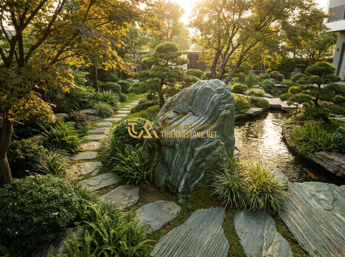 Hướng Dẫn Cách Lát Đá Bước Dặm Sân Vườn Đẹp - Thi Công Đúng Tiêu Chuẩn - Tạo ảnh tiếng Anh: A high-angle, cinematic shot of a lush green garden with a me