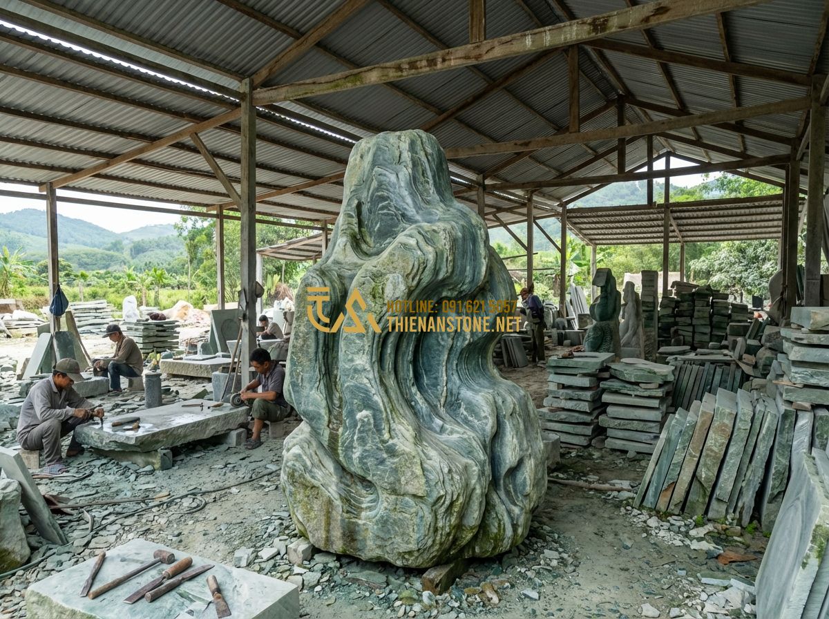 Hướng Dẫn Cách Lát Đá Bước Dặm Sân Vườn Đẹp - Thi Công Đúng Tiêu Chuẩn - Tạo ảnh tiếng Anh: A panoramic view of a professional stone masonry workshop. Sk