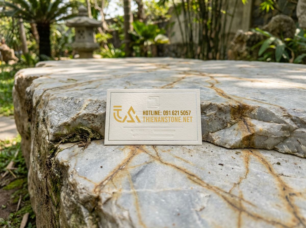 Hướng Dẫn Cách Lát Đá Bước Dặm Sân Vườn Đẹp - Thi Công Đúng Tiêu Chuẩn - Tạo ảnh tiếng Anh: A professional business card style layout showing the logo of