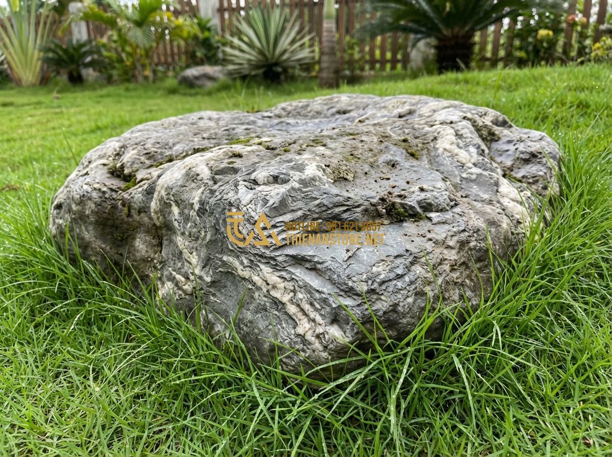 Hướng Dẫn Cách Lát Đá Bước Dặm Sân Vườn Đẹp - Thi Công Đúng Tiêu Chuẩn - Tạo ảnh tiếng Anh: Detailed close-up of a natural stepping stone embedded in sof
