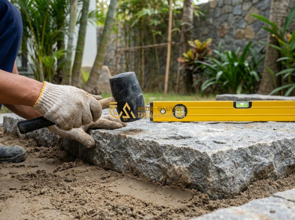 Hướng Dẫn Cách Lát Đá Bước Dặm Sân Vườn Đẹp - Thi Công Đúng Tiêu Chuẩn - Tạo ảnh tiếng Anh: A worker using a black rubber mallet to firmly tap a grey sto