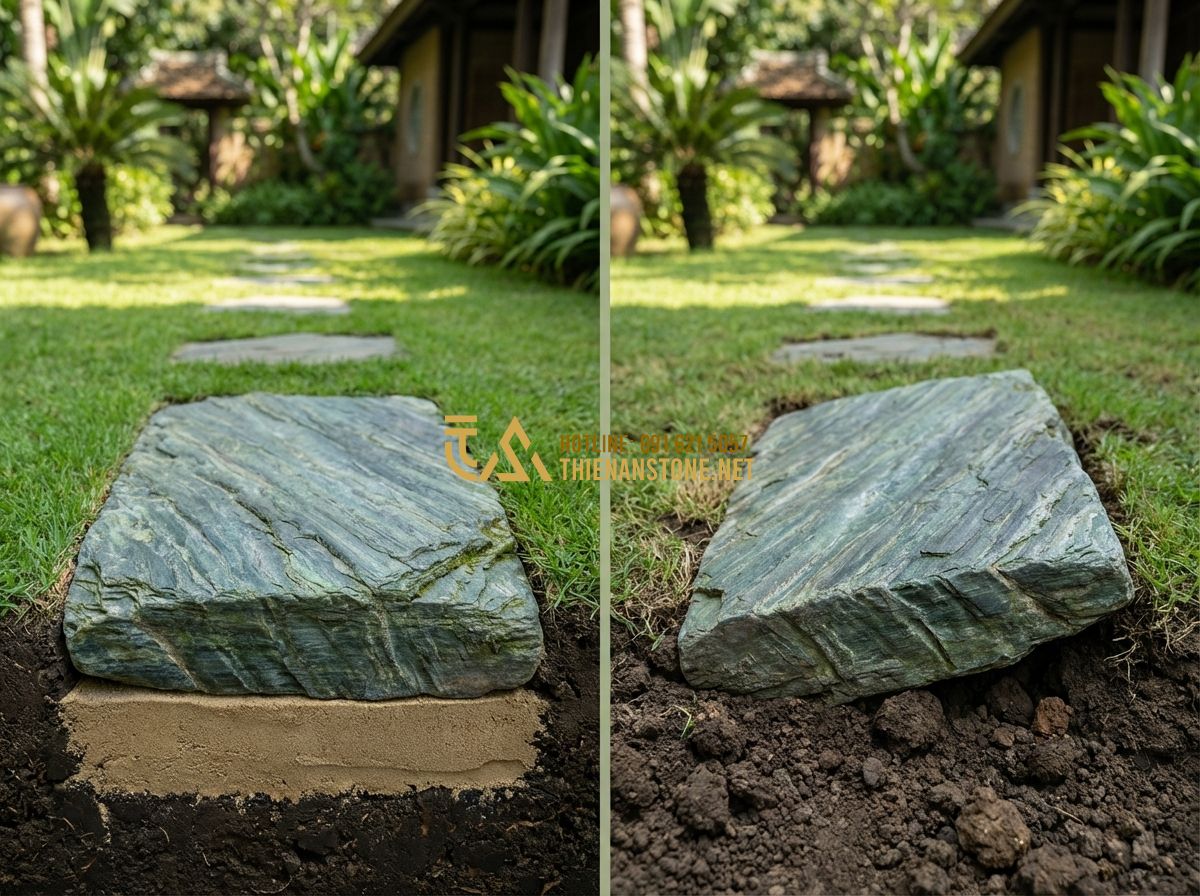 Hướng Dẫn Cách Lát Đá Bước Dặm Sân Vườn Đẹp - Thi Công Đúng Tiêu Chuẩn - Tạo ảnh tiếng Anh: A diagram showing the correct and incorrect way to lay a step