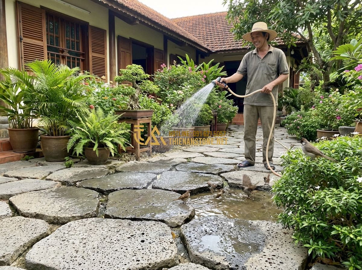 Hướng Dẫn Cách Lát Đá Bước Dặm Sân Vườn Đẹp - Thi Công Đúng Tiêu Chuẩn - Tạo ảnh tiếng Anh: A homeowner happily maintaining their garden, using a garden