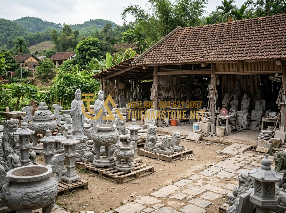 Hướng Dẫn Cách Vệ Sinh Bát Hương Đá Ngoài Trời Luôn Sáng Bóng Như Mới - Tạo ảnh tiếng Anh: A wide shot of a traditional stone workshop in Phu Tho, Vietn