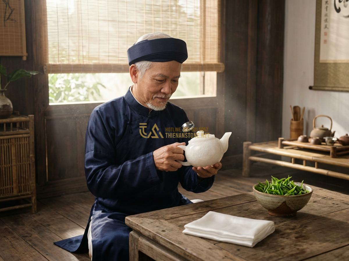 Hướng Dẫn Cách Vệ Sinh & Khai Ấm Bộ Ấm Chén Đá Tự Nhiên Chuẩn Chuyên Gia - Tạo ảnh tiếng Anh: A serene scene of an elderly Vietnamese tea master, Mr. Nha,