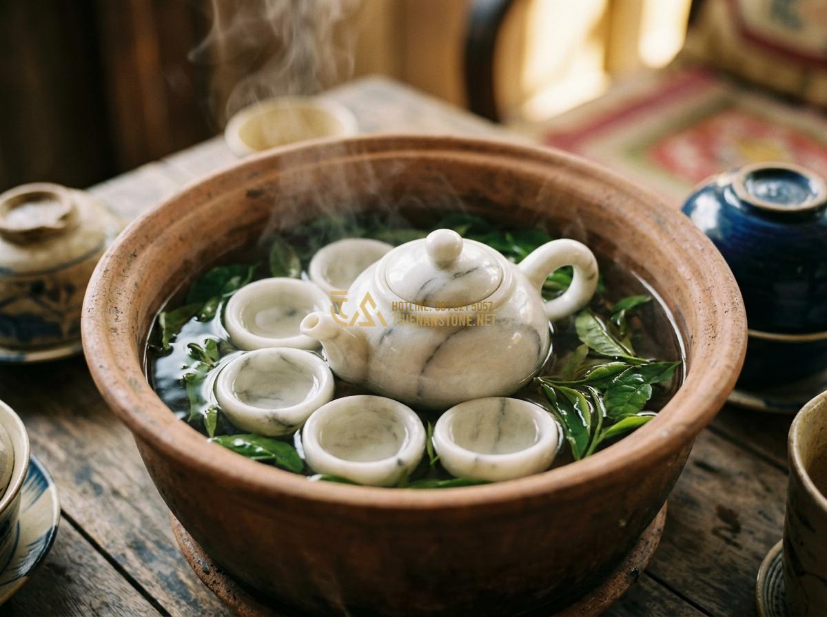 Hướng Dẫn Cách Vệ Sinh & Khai Ấm Bộ Ấm Chén Đá Tự Nhiên Chuẩn Chuyên Gia - Tạo ảnh tiếng Anh: A detailed photograph of the "Khai Am" process. A beautiful g