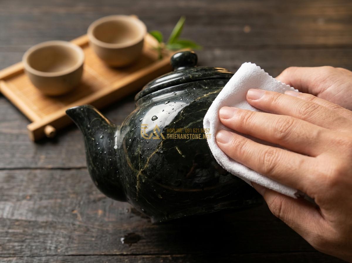 Hướng Dẫn Cách Vệ Sinh & Khai Ấm Bộ Ấm Chén Đá Tự Nhiên Chuẩn Chuyên Gia - Tạo ảnh tiếng Anh: A close-up shot of a hand using a soft white cloth to gently