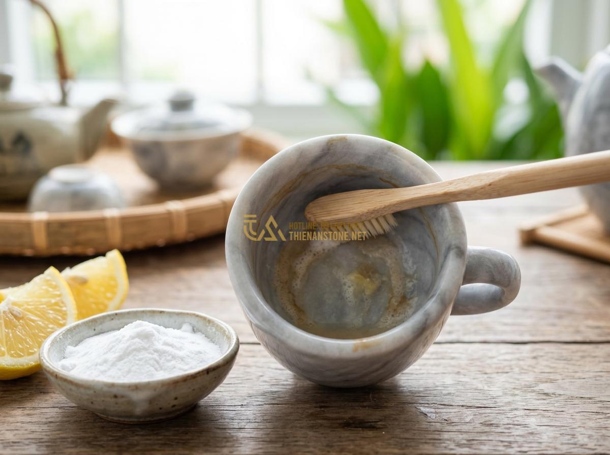 Hướng Dẫn Cách Vệ Sinh & Khai Ấm Bộ Ấm Chén Đá Tự Nhiên Chuẩn Chuyên Gia - Tạo ảnh tiếng Anh: A photograph demonstrating a natural cleaning method for ston