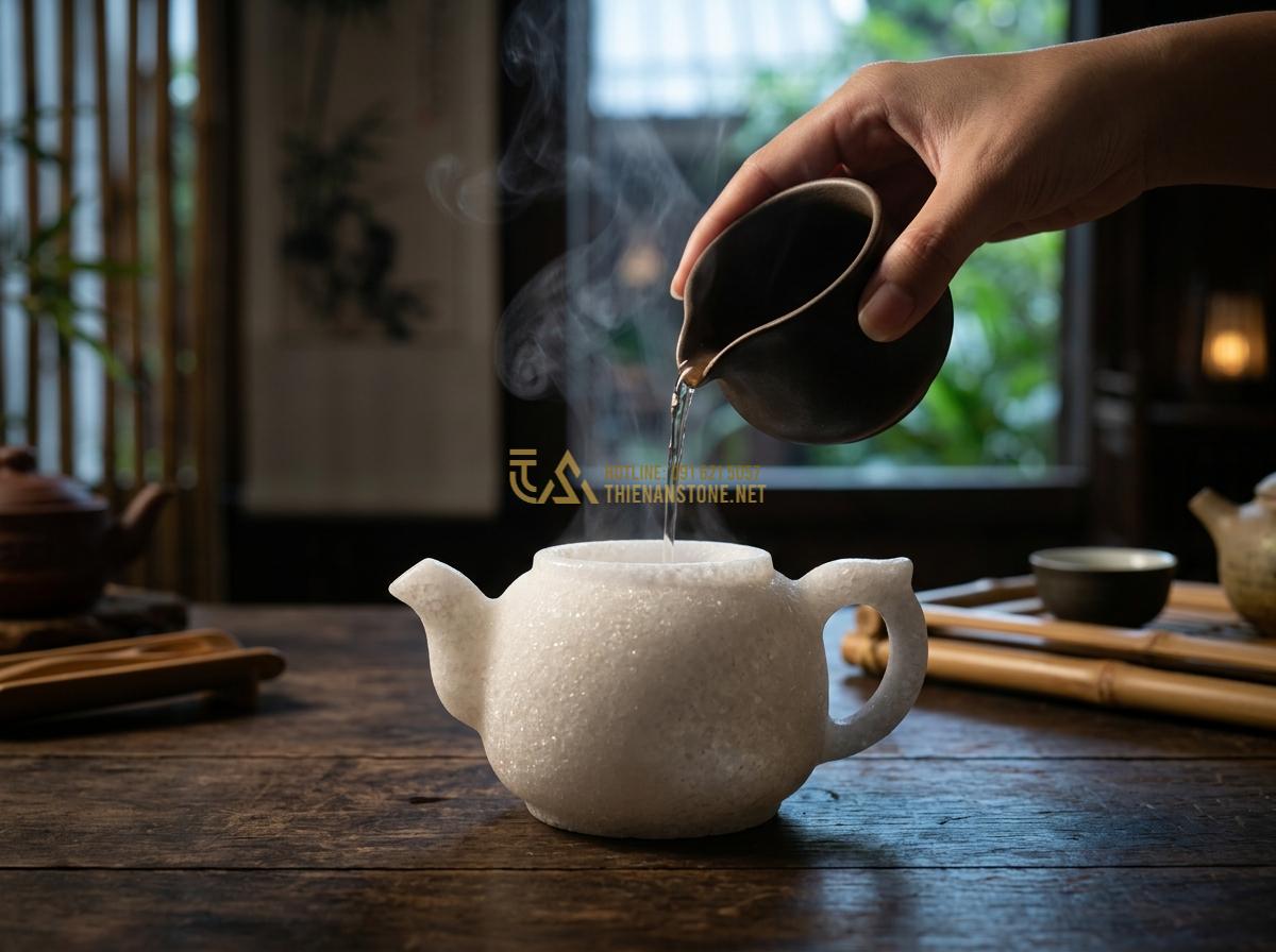 Hướng Dẫn Cách Vệ Sinh & Khai Ấm Bộ Ấm Chén Đá Tự Nhiên Chuẩn Chuyên Gia - Tạo ảnh tiếng Anh: An artistic shot of a pink rose quartz teapot on a dark table