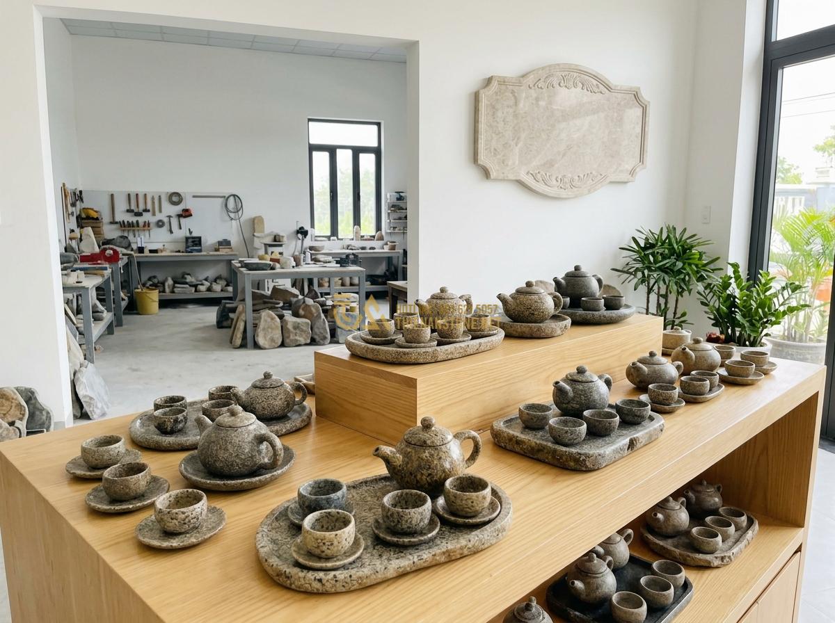 Hướng Dẫn Cách Vệ Sinh & Khai Ấm Bộ Ấm Chén Đá Tự Nhiên Chuẩn Chuyên Gia - Tạo ảnh tiếng Anh: A professional showcase of various stone tea sets at Thien An