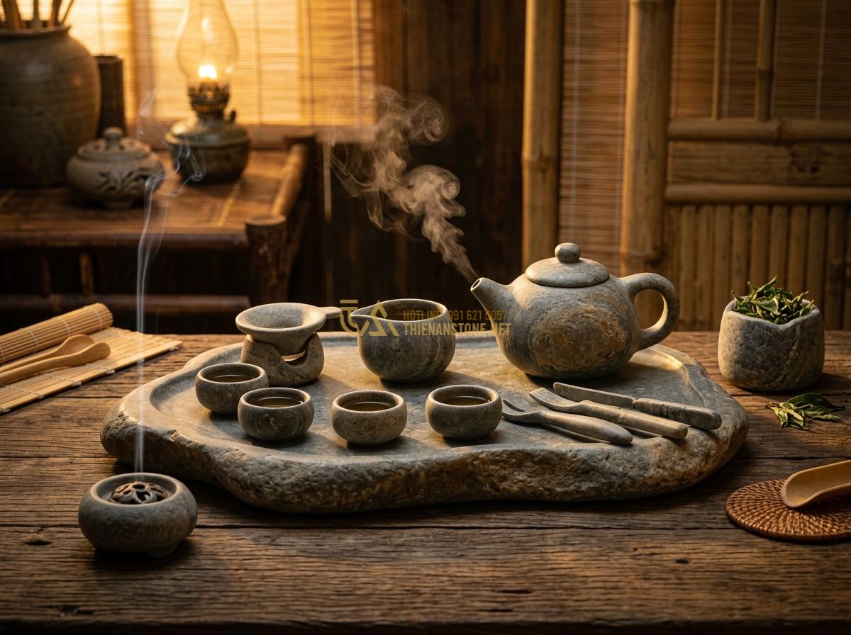 Hướng Dẫn Cách Vệ Sinh & Khai Ấm Bộ Ấm Chén Đá Tự Nhiên Chuẩn Chuyên Gia - Tạo ảnh tiếng Anh: A final atmospheric shot of a complete tea ceremony setup. A