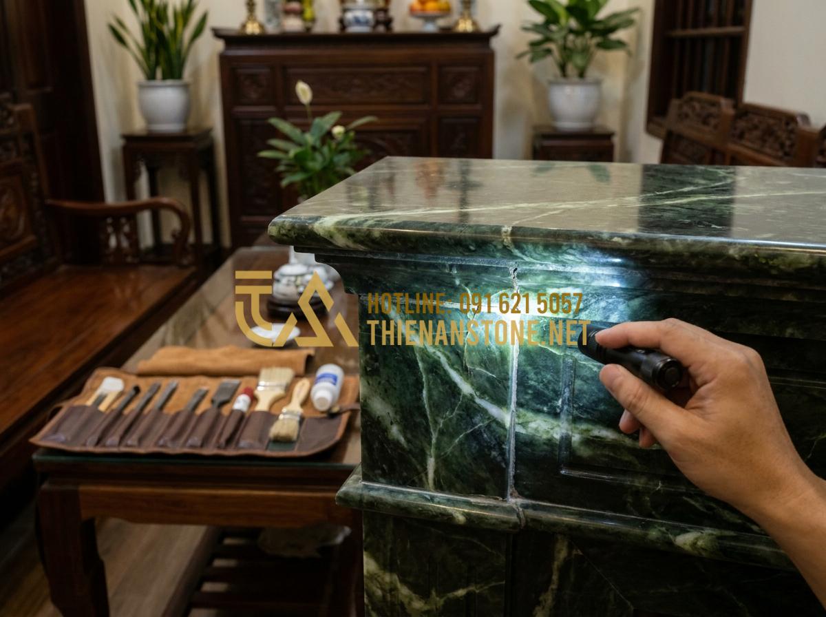 Hướng Dẫn Cách Vệ Sinh Và Bảo Trì Lò Sưởi Ốp Đá Tự Nhiên Luôn Như Mới - Hình 4 Hướng Dẫn Cách Vệ Sinh Và Bảo Trì Lò Sưởi Ốp Đá Tự Nhiên Luôn Như Mới - Tạo ảnh tiếng Anh: A professional stone technician examining the joints and surf
