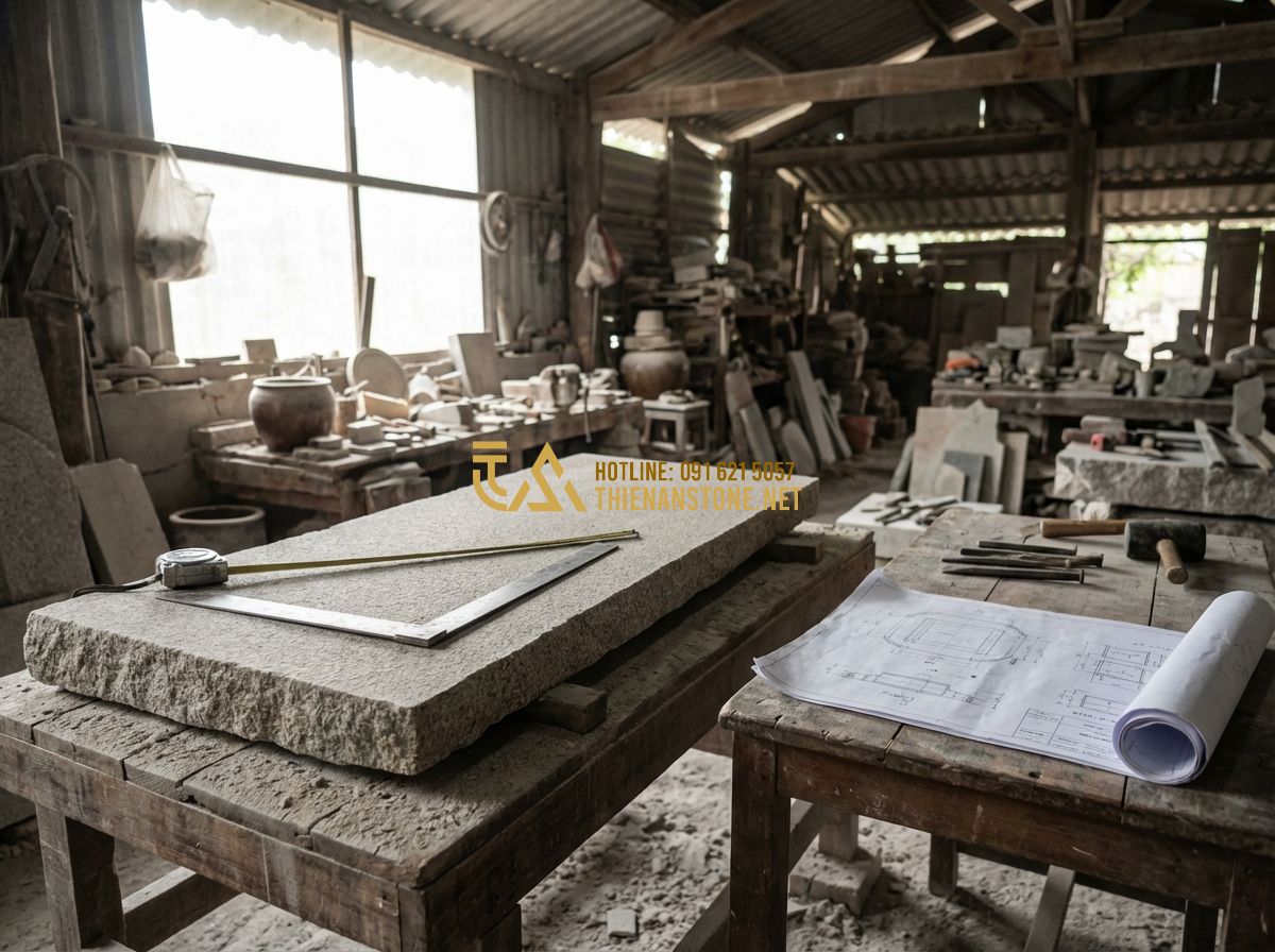 Hướng Dẫn Chọn Bảng Hiệu Đá Tự Nhiên Đẹp Và Phù Hợp Với Ngân Sách Doanh Nghiệp - Tạo ảnh tiếng Anh: A professional stonemason measuring a large slab of natural s