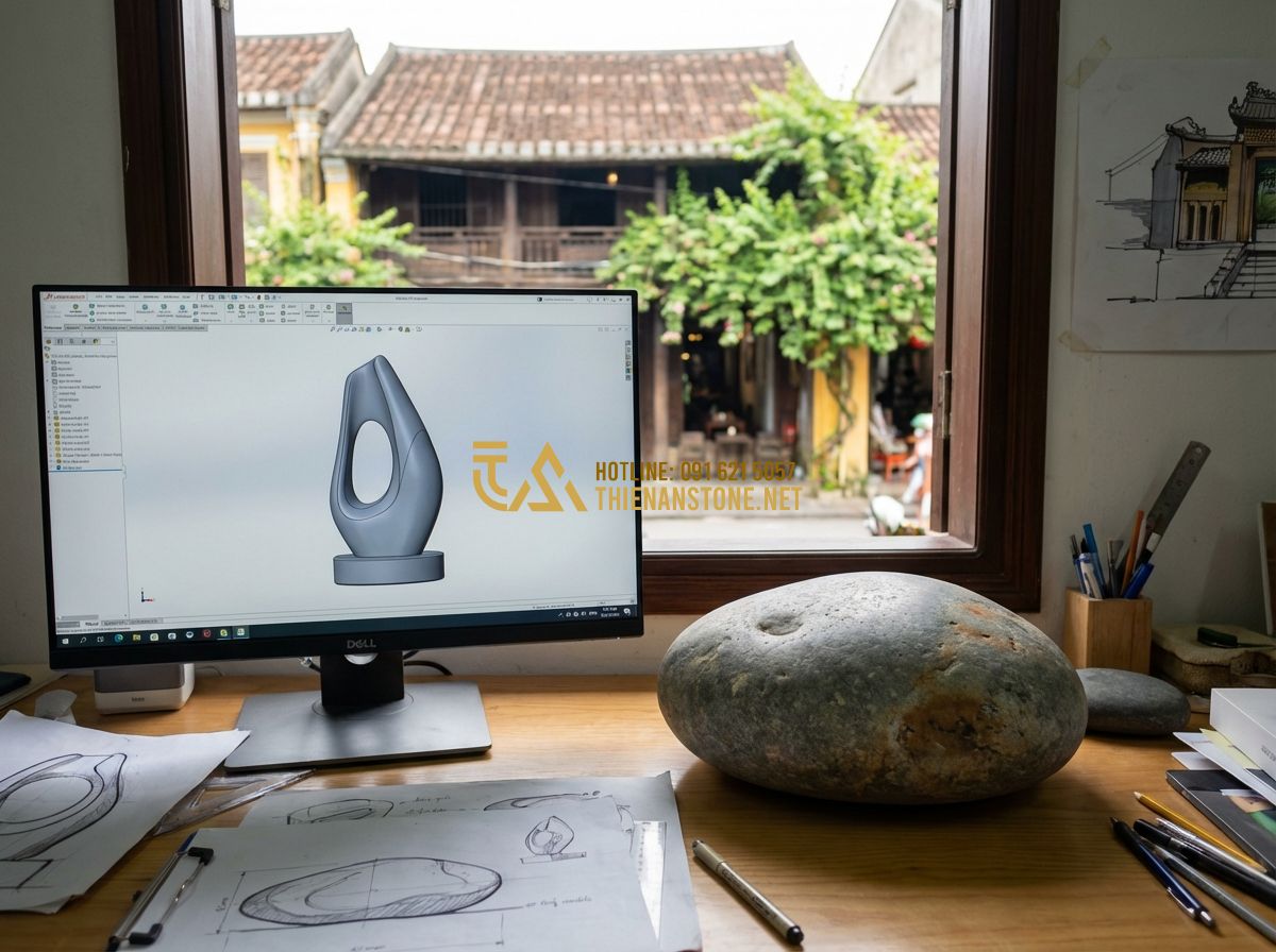 Hướng Dẫn Chọn Bảng Hiệu Đá Tự Nhiên Đẹp Và Phù Hợp Với Ngân Sách Doanh Nghiệp - Tạo ảnh tiếng Anh: A designer working on a computer showing a 3D CAD model of a