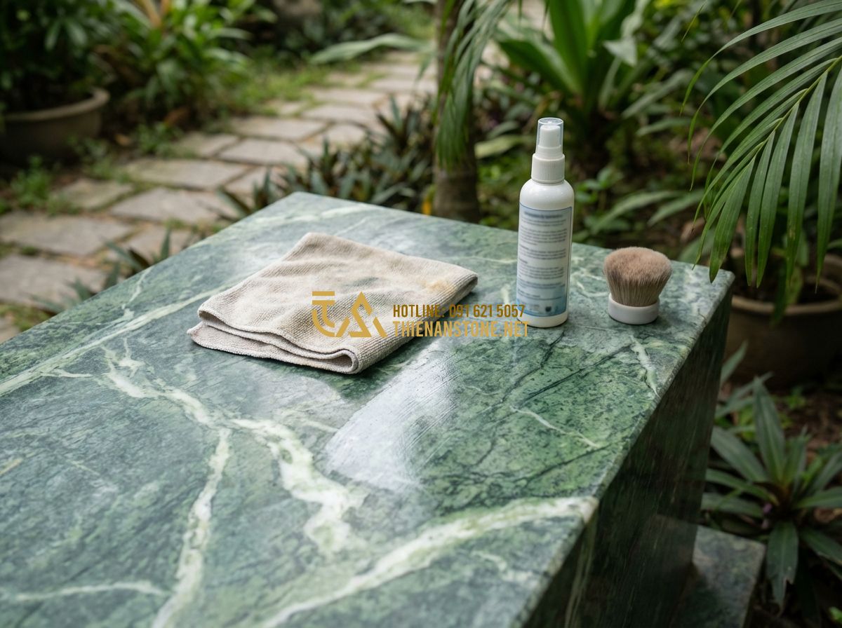 Hướng Dẫn Chọn Bảng Hiệu Đá Tự Nhiên Đẹp Và Phù Hợp Với Ngân Sách Doanh Nghiệp - Tạo ảnh tiếng Anh: A maintenance worker gently cleaning a large stone monument w