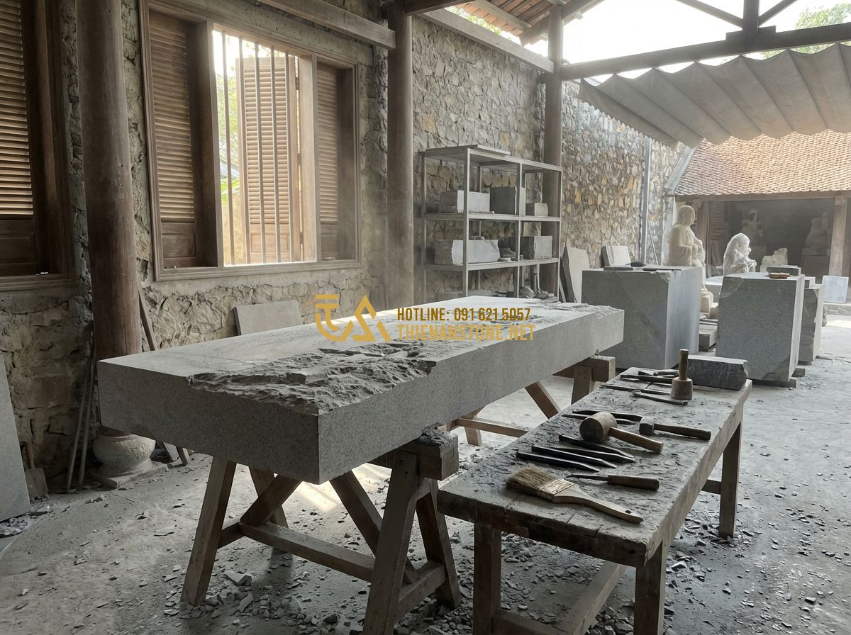 Hướng Dẫn Chọn Bảng Hiệu Đá Tự Nhiên Đẹp Và Phù Hợp Với Ngân Sách Doanh Nghiệp - Tạo ảnh tiếng Anh: Inside a traditional yet modern stone carving workshop, artis