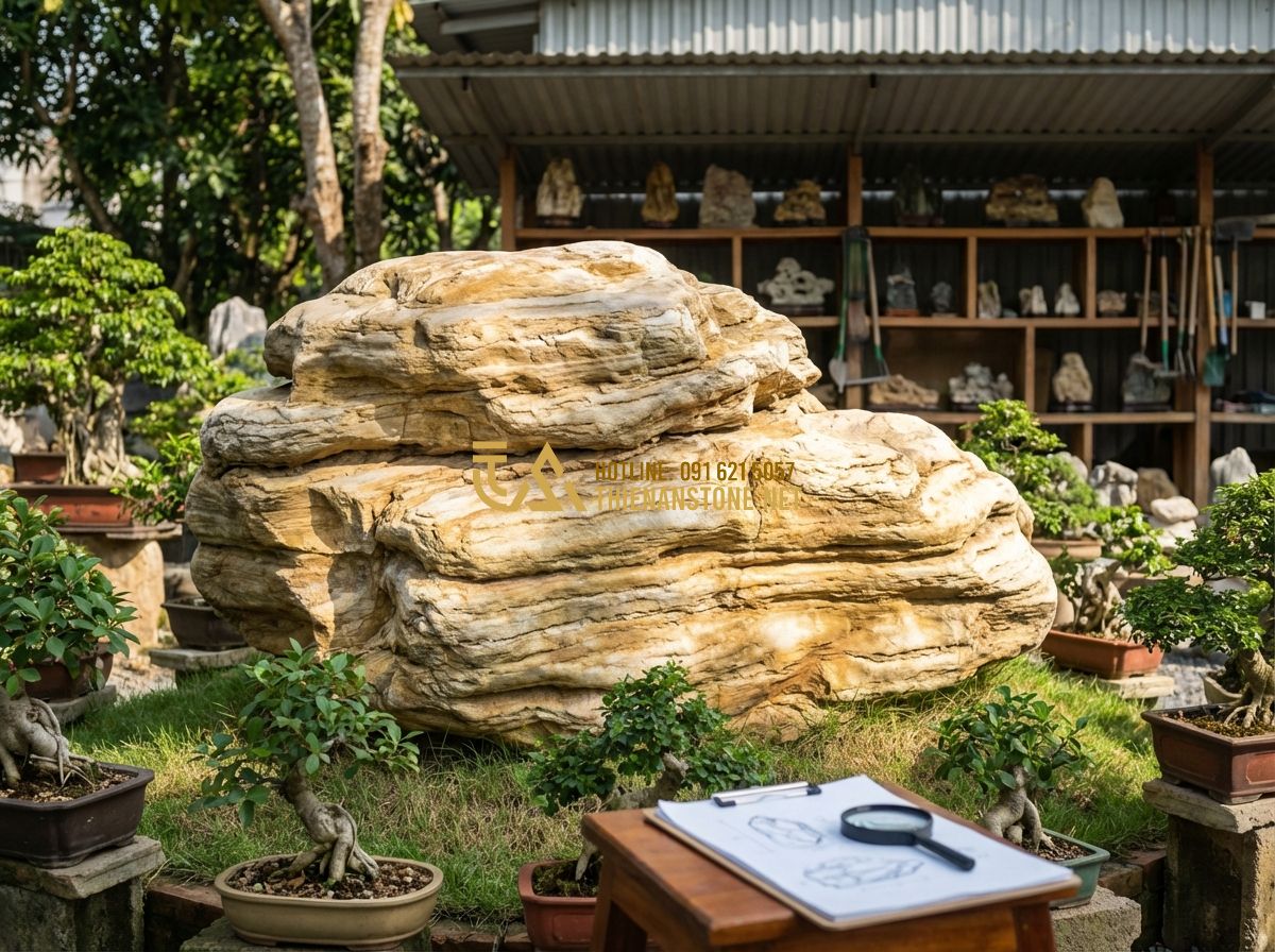 Hướng Dẫn Chọn Đá Cảnh Tự Nhiên Đẹp Cho Sân Vườn: Từ Người Mới Đến Chuyên Gia - Hình 3 Hướng Dẫn Chọn Đá Cảnh Tự Nhiên Đẹp Cho Sân Vườn: Từ Người Mới Đến Chuyên Gia - Tạo ảnh tiếng Anh: A person examining a large natural rock in a stone yard, touc
