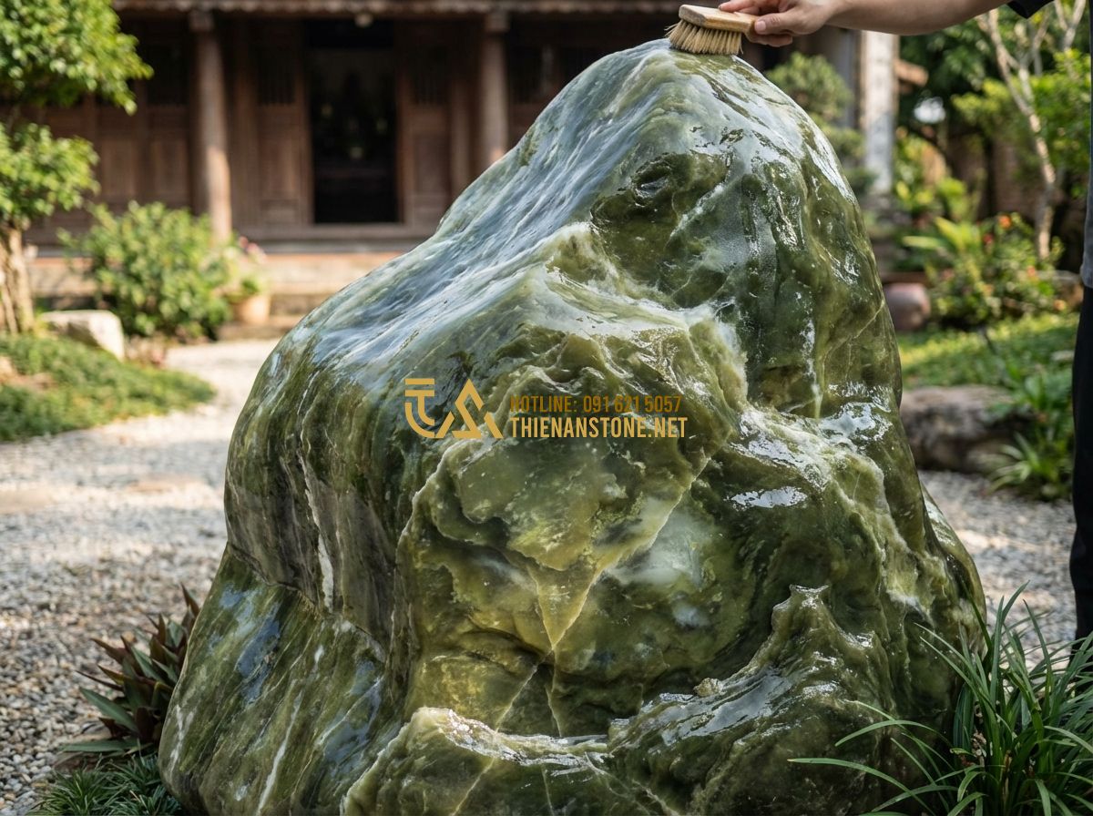 Hướng Dẫn Chọn Đá Cảnh Tự Nhiên Đẹp Cho Sân Vườn: Từ Người Mới Đến Chuyên Gia - Hình 5 Hướng Dẫn Chọn Đá Cảnh Tự Nhiên Đẹp Cho Sân Vườn: Từ Người Mới Đến Chuyên Gia - Tạo ảnh tiếng Anh: A homeowner cleaning a large garden rock with a soft brush an