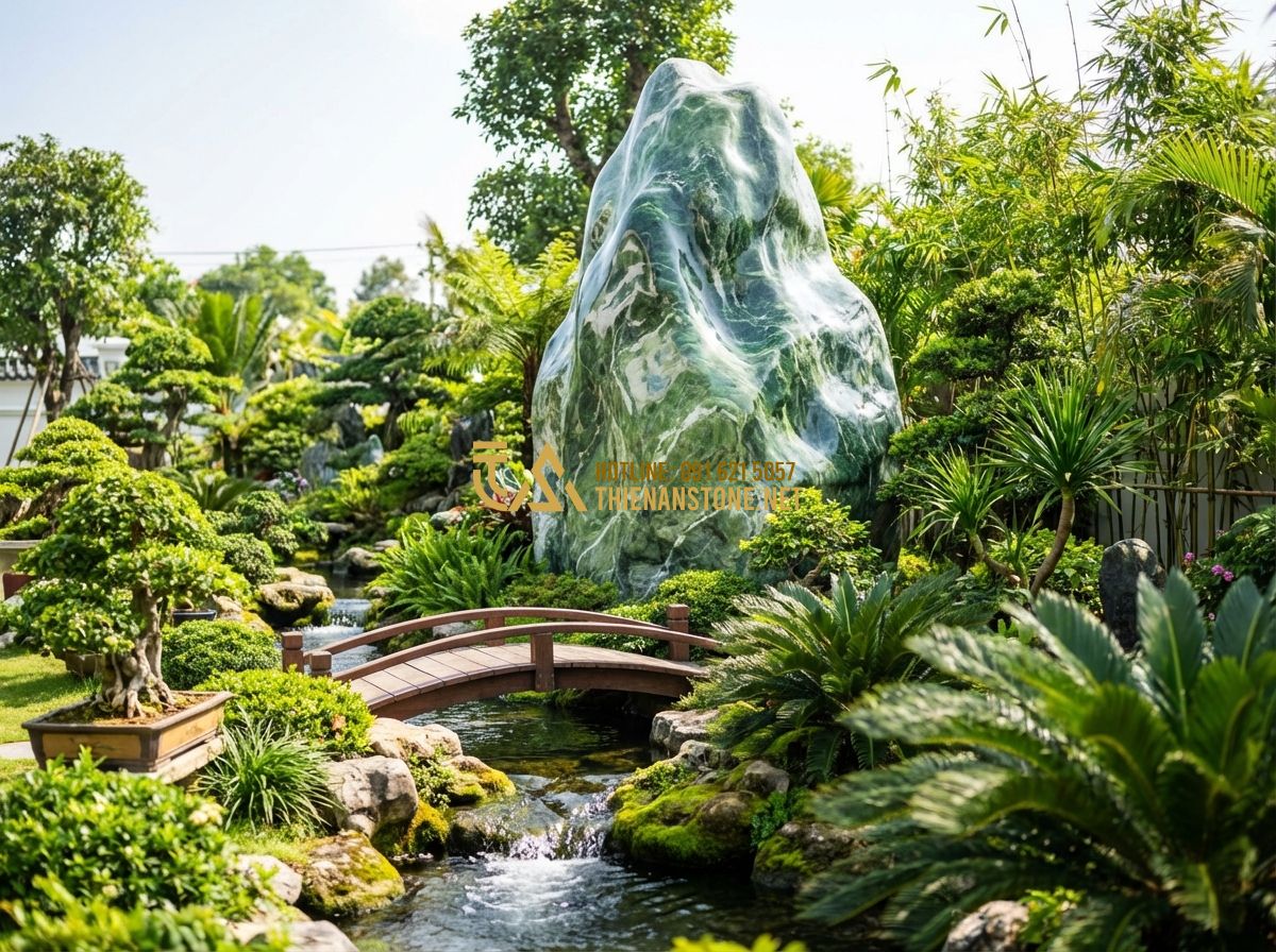 Hướng Dẫn Chọn Đá Cảnh Tự Nhiên Đẹp Cho Sân Vườn: Từ Người Mới Đến Chuyên Gia - Hình 8 Hướng Dẫn Chọn Đá Cảnh Tự Nhiên Đẹp Cho Sân Vườn: Từ Người Mới Đến Chuyên Gia - Tạo ảnh tiếng Anh: A wide-angle view of a completed luxury garden featuring vari