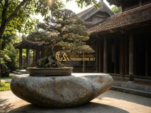 Hướng Dẫn Chọn Đôn Đá Kê Cây Cảnh Đẹp, Bền & Phù Hợp Phong Thủy - Create a high-quality professional photograph of a luxury garden setting where a