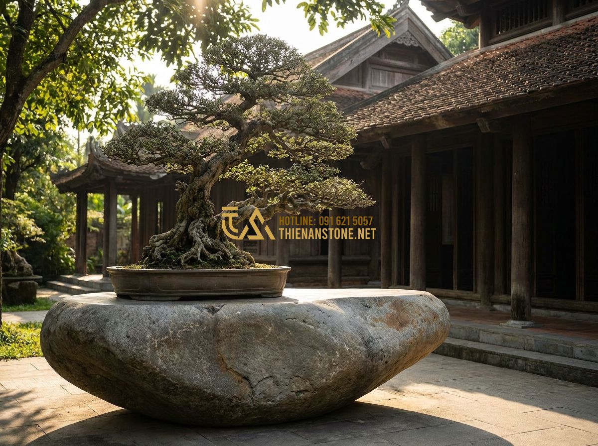 Hướng Dẫn Chọn Đôn Đá Kê Cây Cảnh Đẹp, Bền & Phù Hợp Phong Thủy - Hình 1 Hướng Dẫn Chọn Đôn Đá Kê Cây Cảnh Đẹp, Bền & Phù Hợp Phong Thủy - Create a high-quality professional photograph of a luxury garden setting where a