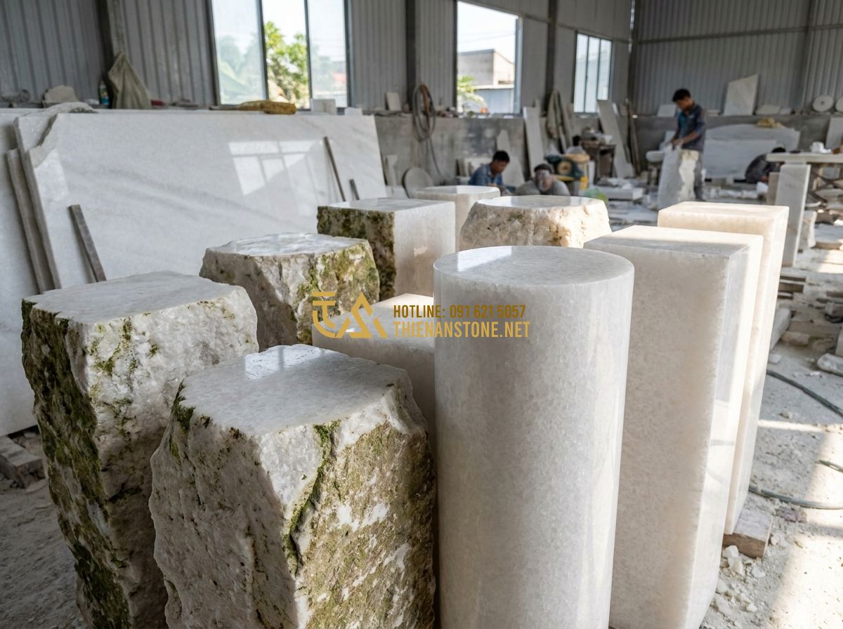 Hướng Dẫn Chọn Đôn Đá Kê Cây Cảnh Đẹp, Bền & Phù Hợp Phong Thủy - Hình 2 Hướng Dẫn Chọn Đôn Đá Kê Cây Cảnh Đẹp, Bền & Phù Hợp Phong Thủy - A detailed close-up of various natural stone pedestals for plants. Some are roug