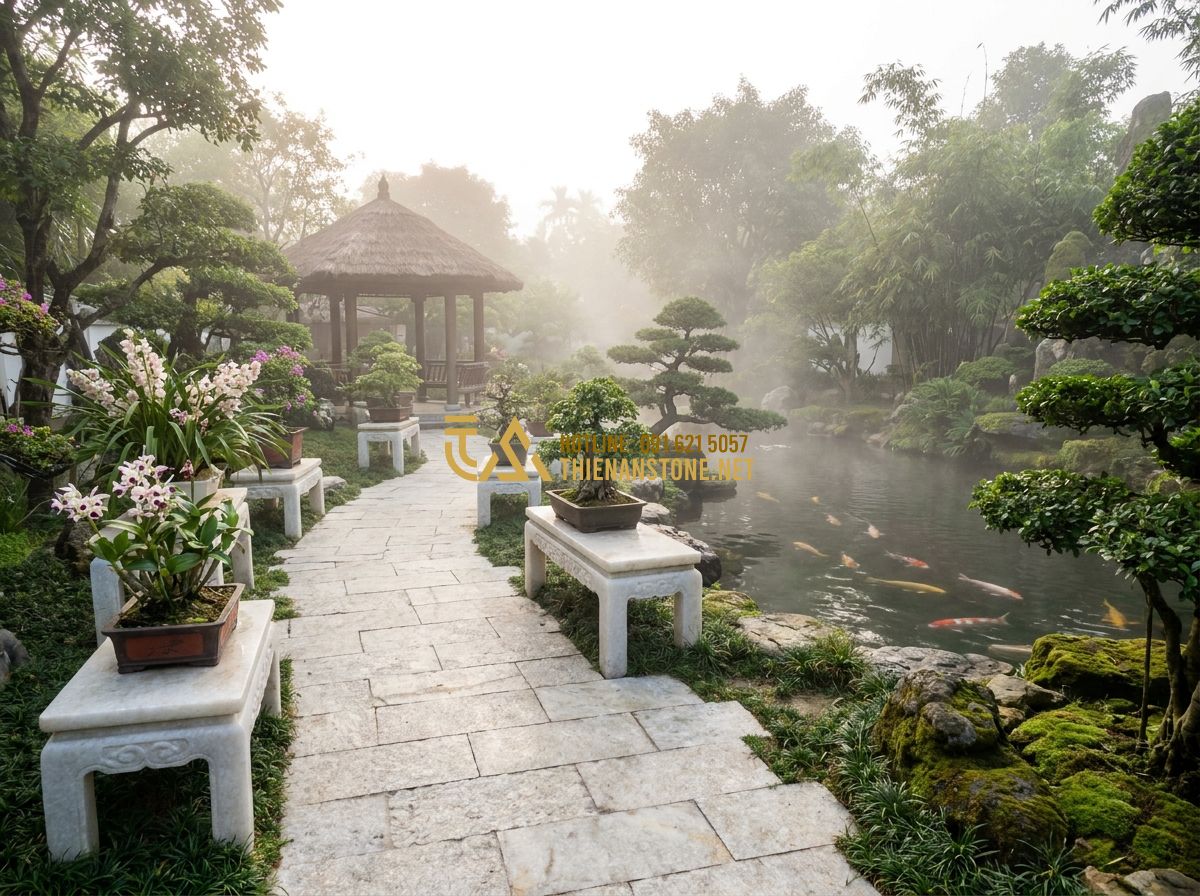 Hướng Dẫn Chọn Đôn Đá Kê Cây Cảnh Đẹp, Bền & Phù Hợp Phong Thủy - Hình 4 Hướng Dẫn Chọn Đôn Đá Kê Cây Cảnh Đẹp, Bền & Phù Hợp Phong Thủy - A wide-angle shot of a beautifully landscaped garden following Feng Shui princip