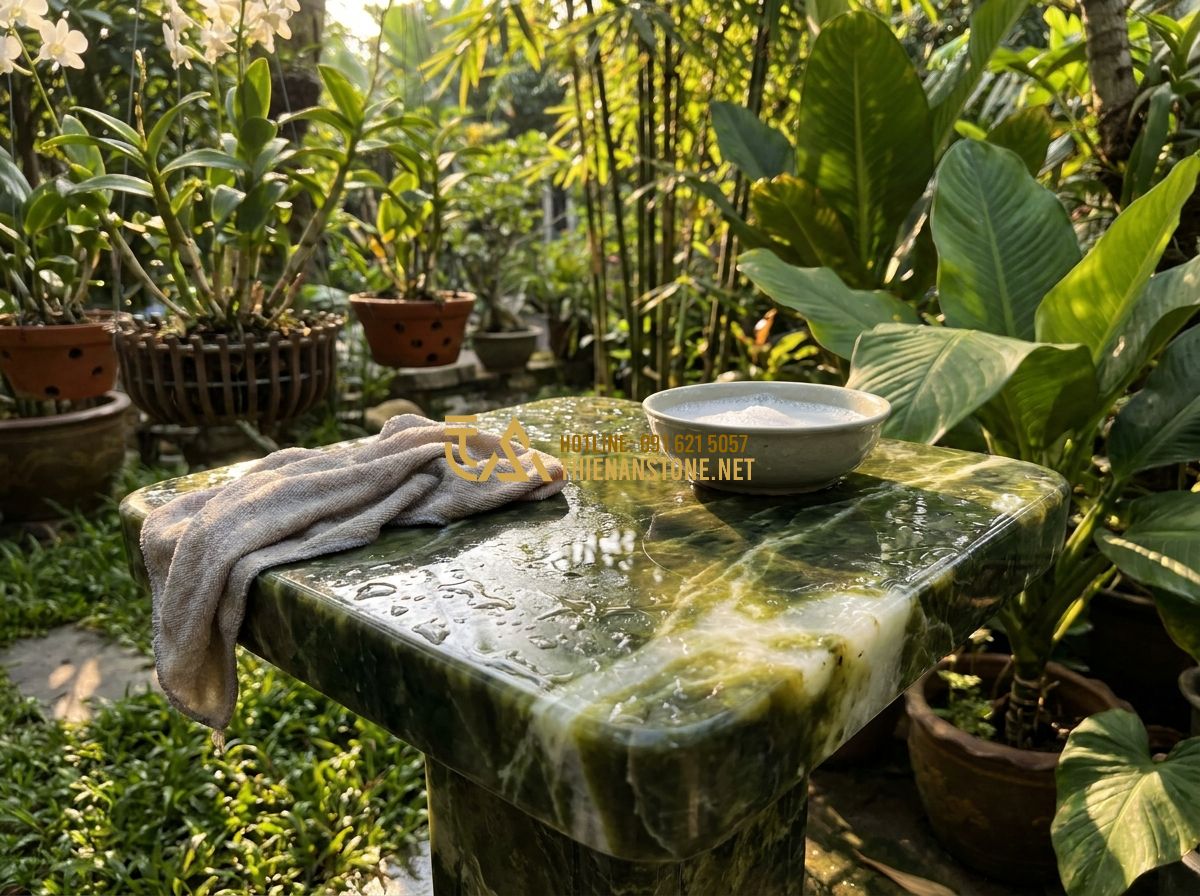 Hướng Dẫn Chọn Đôn Đá Kê Cây Cảnh Đẹp, Bền & Phù Hợp Phong Thủy - Hình 6 Hướng Dẫn Chọn Đôn Đá Kê Cây Cảnh Đẹp, Bền & Phù Hợp Phong Thủy - A lifestyle image showing a person gently cleaning a stone plant stand in a sunl