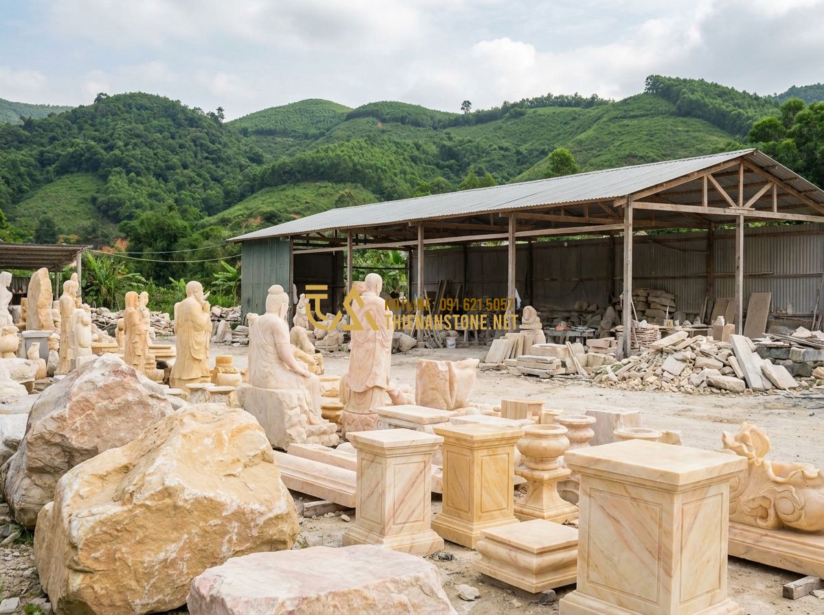 Hướng Dẫn Chọn Đôn Đá Kê Cây Cảnh Đẹp, Bền & Phù Hợp Phong Thủy - Hình 7 Hướng Dẫn Chọn Đôn Đá Kê Cây Cảnh Đẹp, Bền & Phù Hợp Phong Thủy - A wide shot of the 'Xưởng Đá Mỹ Nghệ Thiên An' facility in Phu Tho province. The
